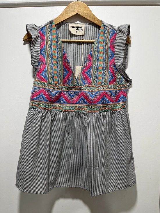 Savanna Jane Tops - Savanna Jane Blouse Womens Small Pinstripe Embroidered Southwest Morgan Top